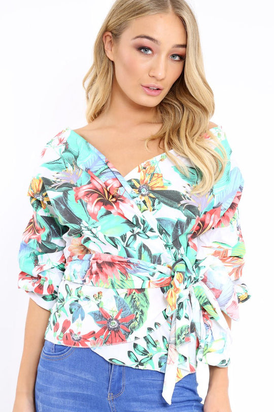 White Tropical Print Ruffle Sleeve Wrapover Top - Susie