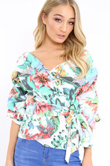 White Tropical Print Ruffle Sleeve Wrapover Top - Susie
