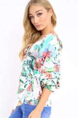 White Tropical Print Ruffle Sleeve Wrapover Top - Susie