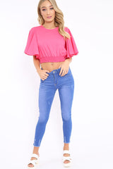 Fuchsia Frill Sleeve Crop Top - Siobhan