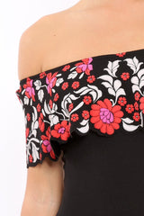 Black Floral Print Bardot Frill Bodysuit - Klaudia