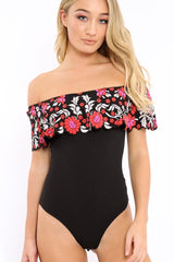 Black Floral Print Bardot Frill Bodysuit - Klaudia