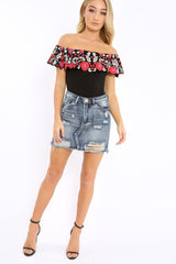 Black Floral Print Bardot Frill Bodysuit - Klaudia