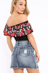 Black Floral Print Bardot Frill Bodysuit - Klaudia