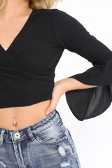 Black Plunge Bell Sleeve Crop Top - Merla