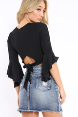 Black Plunge Bell Sleeve Crop Top - Merla