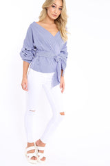Navy Gingham Ruffle Sleeve Wrapover Top - Susie