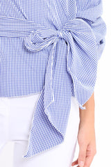 Navy Gingham Ruffle Sleeve Wrapover Top - Susie