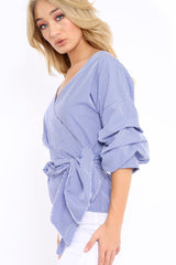 Navy Gingham Ruffle Sleeve Wrapover Top - Susie