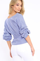 Navy Gingham Ruffle Sleeve Wrapover Top - Susie