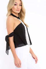Black Crochet Halter Neck Tie Sleeve Top - Louisa