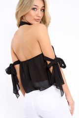 Black Crochet Halter Neck Tie Sleeve Top - Louisa