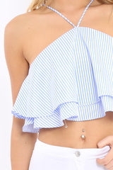 Blue Stripe Frill Halterneck Crop Top - Annabel