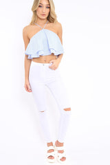Blue Stripe Frill Halterneck Crop Top - Annabel