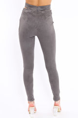 Grey Cut Out Waist Suede Leggings - Anala