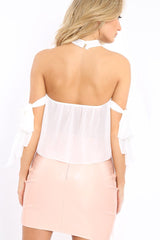 White Crochet Halter Neck Tie Sleeve Top - Louisa