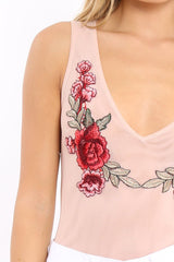 Nude Mesh Floral Embroidered Plunge Bodysuit - Elenore