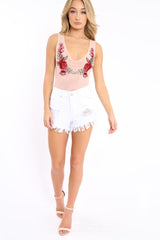 Nude Mesh Floral Embroidered Plunge Bodysuit - Elenore