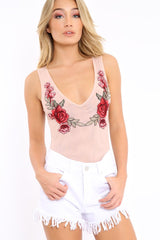 Nude Mesh Floral Embroidered Plunge Bodysuit - Elenore