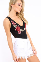 Black Mesh Floral Embroidered Plunge Bodysuit - Elenore