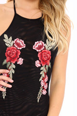 Black Mesh Floral Embroidered Halterneck Bodysuit - Bebe