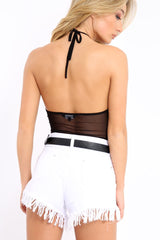 Black Mesh Floral Embroidered Halterneck Bodysuit - Bebe