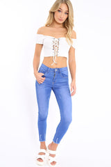 White Ribbed Lace Up Bardot Crop Top - Arianna