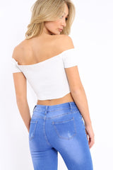 White Ribbed Lace Up Bardot Crop Top - Arianna