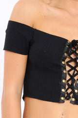 Black Ribbed Lace Up Bardot Crop Top - Arianna