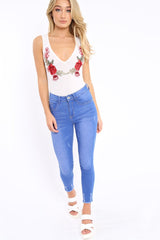 White Mesh Floral Embroidered Plunge Bodysuit - Elenore