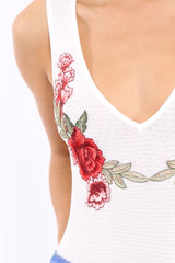 White Mesh Floral Embroidered Plunge Bodysuit - Elenore