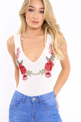 White Mesh Floral Embroidered Plunge Bodysuit - Elenore