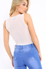 White Mesh Floral Embroidered Plunge Bodysuit - Elenore