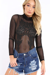 Black Mesh Bodysuit with Black Sparkle Beading - Violet