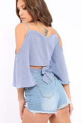 Blue Gingham Cold Shouler Tie Back Crop Top - Leela