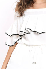 White Bardot Frill Drawstring Tie Playsuit - Micah
