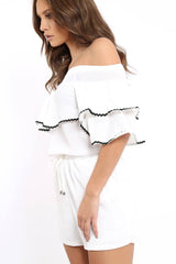 White Bardot Frill Drawstring Tie Playsuit - Micah