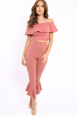 Rose Bardot Crop Top And Dip Hem Trousers Co-ord Set - Alexiah
