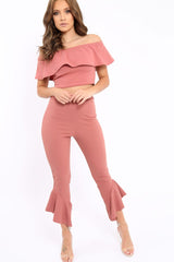 Rose Bardot Crop Top And Dip Hem Trousers Co-ord Set - Alexiah