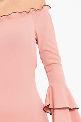 Rose Ribbed Bell Sleeve Mini Dress - Ariana