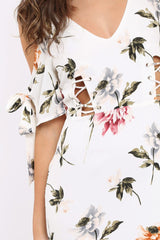 White Floral Cold Shoulder Lace Up Mini Dress - Roxina