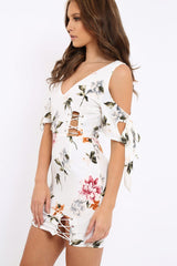 White Floral Cold Shoulder Lace Up Mini Dress - Roxina