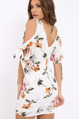 White Floral Cold Shoulder Lace Up Mini Dress - Roxina