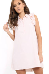 Pink Frill Sleeve Dip Hem Shirt Dress - Camilie