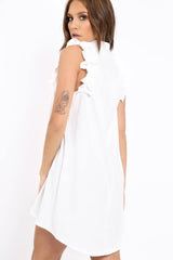 White Frill Sleeve Dip Hem Shirt Dress - Camilie