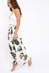 White Tropical Print Wide Leg Trousers - Yasmine