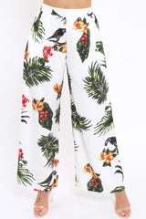 White Tropical Print Wide Leg Trousers - Yasmine