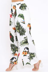 White Tropical Print Wide Leg Trousers - Yasmine