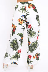 White Tropical Print Wide Leg Trousers - Yasmine