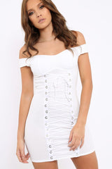 White Off Shoulder Centre Eyelet Dress - Callie